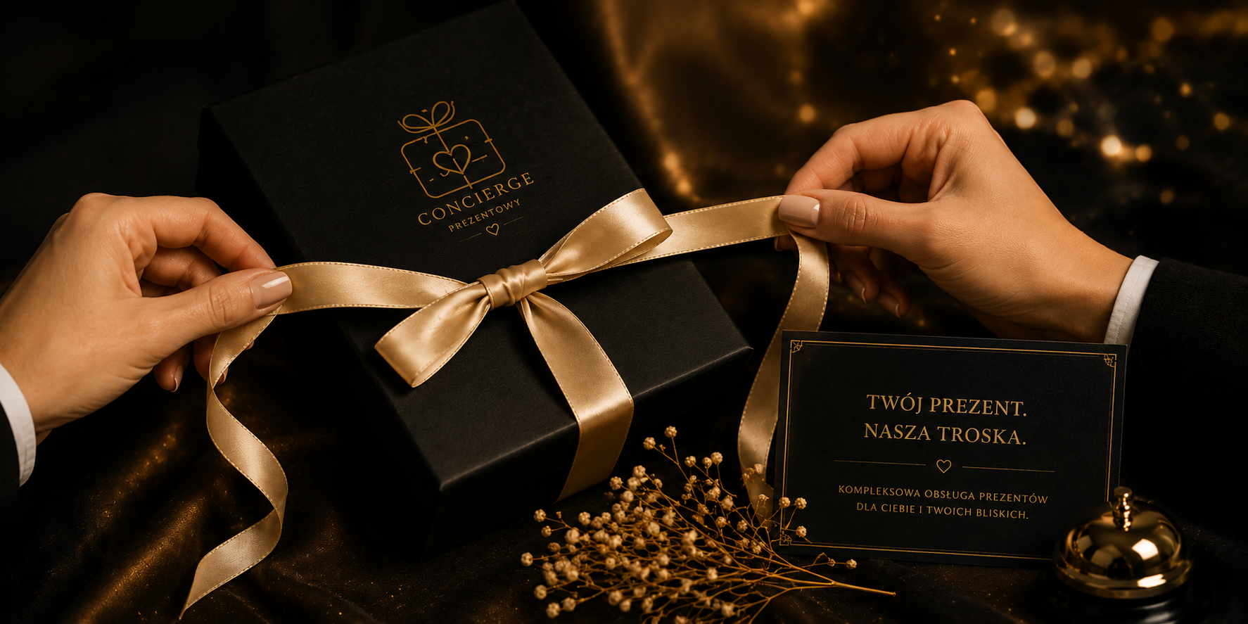 Concierge prezentowy — pakowanie prezentu ze złotą wstążką
